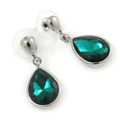 Silver Tone Teardrop Emerald Green Faceted Glass Stone Drop Earrings - 30mm L - Image 1 of 4