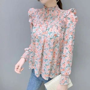 Women Chiffon Shirt Floral Print Long Sleeve Blouse Ruffle Tops Pullover Casual - Picture 1 of 11
