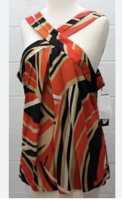 Blusa Top Nine West Seda Tribal Frente Cruzado Sin Mangas Rojo Negro Talla 4 Foto 1 de 4