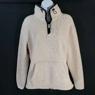 Victoria's Secret PINK Sherpa Women's Pullover Top 1/4 Zip Cream Black XS - Image 1 of 4
