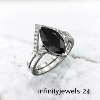 Комплект женских обручальных колец из настоящего черного оникса огранки маркиза 2,54 карата белое золото 14 карат - Изображение 1 из 4