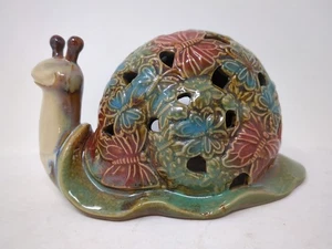 Vintage Kerzenhalter Schnecke grün orange Steingut Schmetterling Muschel Design - Bild 1 von 8