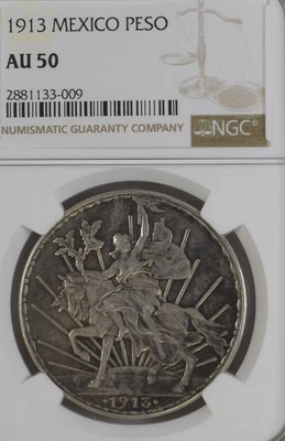 1913 Мексика песо CABALLITO, AU 50 NGC, серебряная монета - Изображение 1 из 3