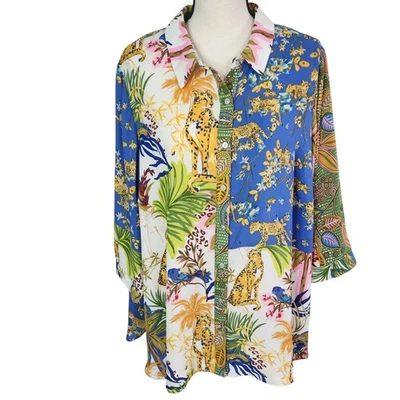 Rose + Olive 衬衫上衣女式 2X 多种颜色热带动物 3/4 袖全新带标签 — 第 1/4 张图片