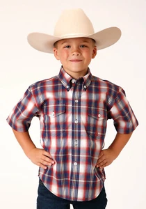 Roper Kids Boys Independence Plaid Blue 100% Cotton S/S Shirt - Picture 1 of 4