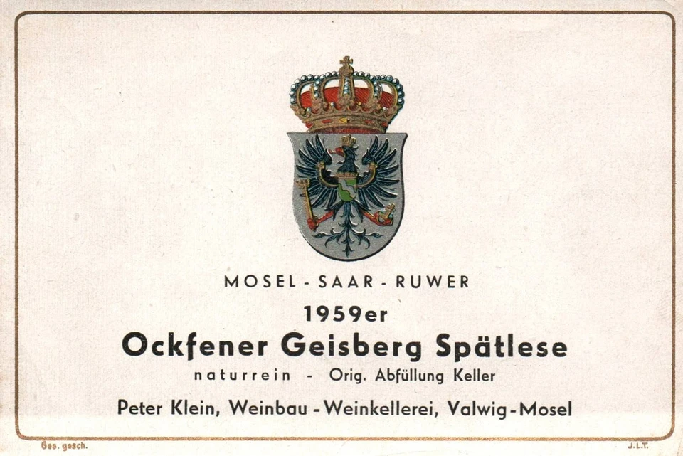 Lovely German Wine Label 1950s 1959er Mosel Saar Ruwer Ockfener Geisberg Vtg - Image 1 of 1