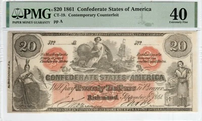 CT-19 137A 1861 $20 Contemporary Counterfeit CSA Paper Money - PMG Ext Fine 40! - Image 1 of 2