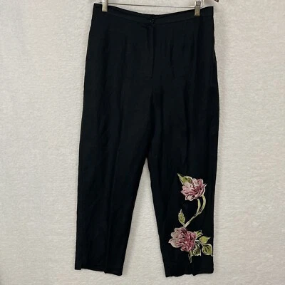 Bob Mackie Linen Blend Pants Women’s 14 Black Floral Art Embroidered Lined - Imagem 1 de 4