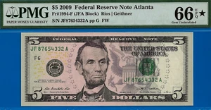 2009 $5 Federal Reserve Note PMG 66EPQ wanted popular Atlanta almost down ladder - Picture 1 of 3