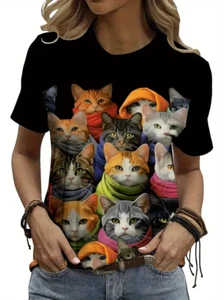 Snugly Cats Tee For Women Crew Neck Womens Top Printed Cat T Shirt Vivid Image - Picture 1 of 3