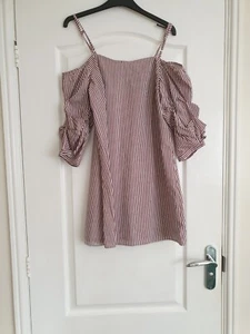 Womens White & Burgundy Ruffle sleeved New Look Dress-ladies Size 12 - Picture 1 of 3