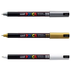 3 x Uni Posca PC-1MR Paint Marker Pen Art marker - Set of White, Gold and Silver - Picture 1 of 1