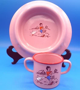Pink Graniteware enamelware Germany Childs baby dish and cup - Picture 1 of 6