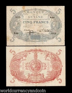 FRENCH GUIANA 5 FRANCS P-1  1901 (1942) RARE 1st BANK NOTE COLONY FRENCH PAPER - Picture 1 of 3
