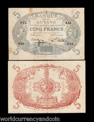 FRENCH GUIANA 5 FRANCS P-1  1901 (1942) RARE 1st BANK NOTE COLONY FRENCH PAPER - Image 1 of 3