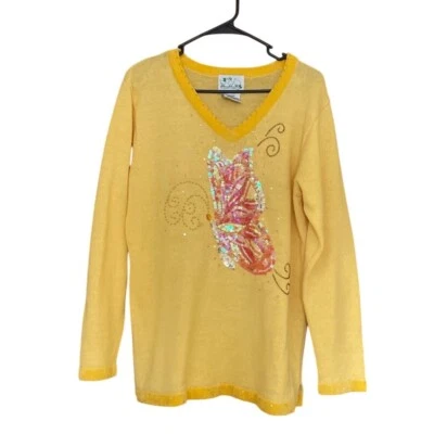 The Quacker Factory Yellow Butterfly V-Neck Sweater Women Med Beads Sequins QVC - Image 1 of 4