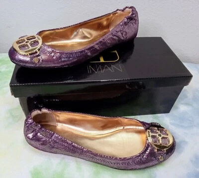 Mujer Talla. Zapatos planos de lentejuelas moradas 8M IMAN ~ Zapatilla de ballet Slides ~ Medallón con logotipo Foto 1 de 4