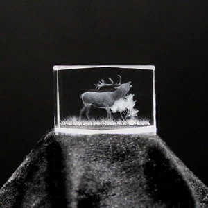 Kristallglas Figur - Hirsch - Glaswürfel, 3D Laser Reh Cube, Deko Skulptur, LED - Bild 1 von 6