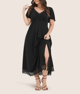 Bloomchic 12 LARGE Solid Pocket Contrast Lace Split BLACK T-Shirt Dress - Picture 1 of 8