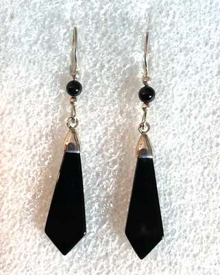 Vintage Sterling Silver Black Onyx Earrings 925 Kite Long 2.1" 3g 7609 - Image 1 of 4
