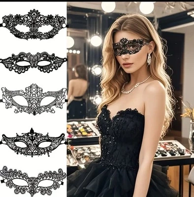 5pcs Black Solid Color Sexy Lace Eye Mask Venetian Makeup Masquerade Masks  - Image 1 of 4