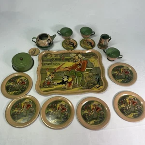 Disney Pinocchio Tin Litho Tea Set And Tray 16 Pieces Ohio Art 1930's - Picture 1 of 24