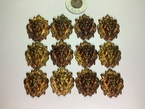 Set Of 12 Vintage NOS Brass LION HEAD Appliqué For Antique Furniture Clocks Etc - Picture 1 of 3