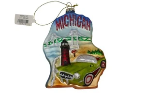 Michigan Shaped Blown Glass 4.5" Holiday Ornament Bridge Lighthouse Car Robin - Picture 1 of 7