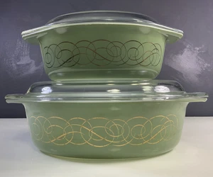 Pyrex Golden Scroll Sage Green Casserole with Lid 043 & 045 Set of 2 - Picture 1 of 14