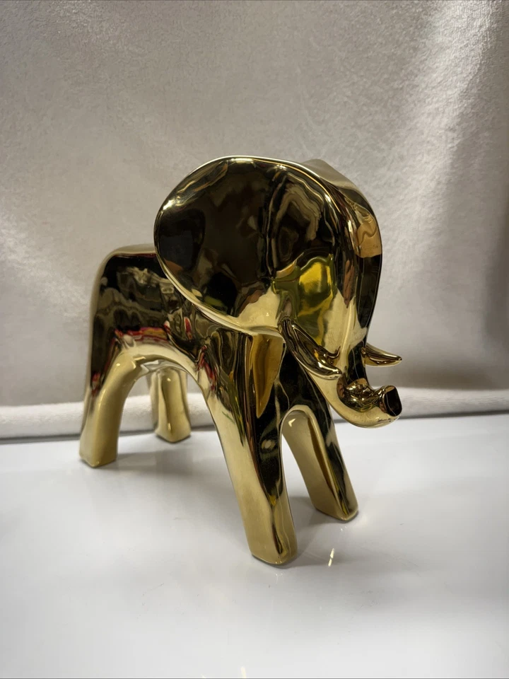 Chrome Gold Color Ceramic Elephant 8” Tall Figurine – Modern Home Décor Accent - Image 1 of 4