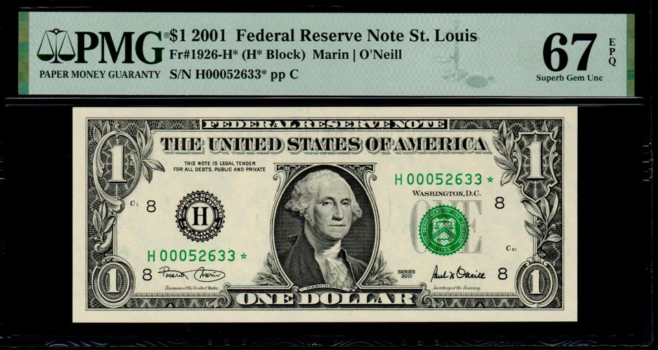2001 $1 ST. LOUIS STAR NOTE PMG 67 EPQ 640K Print Run Fr 1926-H* Superb Gem UNC - Image 1 of 2