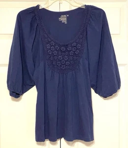 Old Navy Women’s Top Navy Blue Peasant Blouse Gauze Flowers Medium Boho - Picture 1 of 4