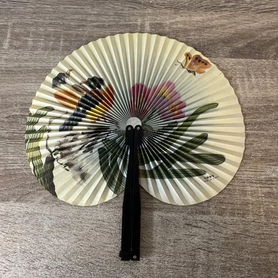 Vintage Republic of China 10" Bird Design Paper Folding Hand Fan w/ Metal Handle - Image 1 of 4