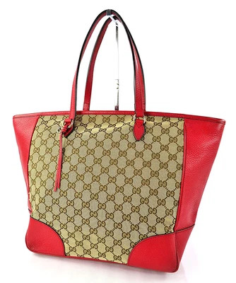 Authentic GUCCI Bree Brown GG Canvas and Red Leather Tote Bag Purse #60957 - Image 1 of 4