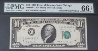 $10 1969 Chicago FRN. PMG 66 EPQ. Fr. 2018-G. Minor Offset Printing - Image 1 of 2