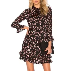 Mini Vestido Rebecca Taylor Revolve Manga Larga Guepardo Seda Volantes Fecha XS - Imagen 1 de 10