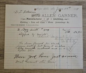1897 Allen Garber Clothing Hats Caps Furnishings Billhead Kezar Falls, ME - Picture 1 of 2