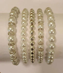 Set of 5 Silver & White Glass Pearl & Diamante Rondelle Bead Bracelets –Gift Bag - Picture 1 of 10