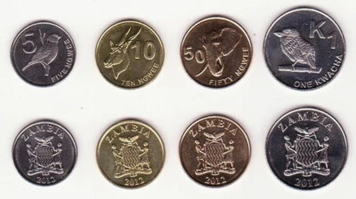 ZAMBIA COMPLETE FULL COIN SET 5 + 10 + 50 Ngwee +1 Kwacha 2012 UNC LOT of 4 - Image 1 of 2
