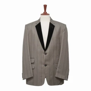 Mens Blazer Beige Striped Velvet Lapel Formal Suit Jacket Wedding Sport Coat 46R - Picture 1 of 7