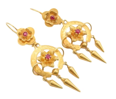 14K GOLD Vintage Earrings Antique Lab Ruby Inlay Solid Carved Flowers  GE265 - Image 1 of 4