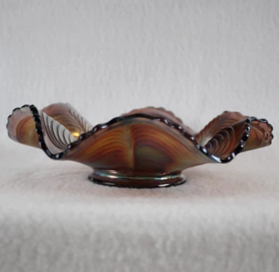 Vtg Fenton Berry Bowl Peacock Tail Carnival Glass Purple iridescent Ruffed 7" - Image 1 of 4