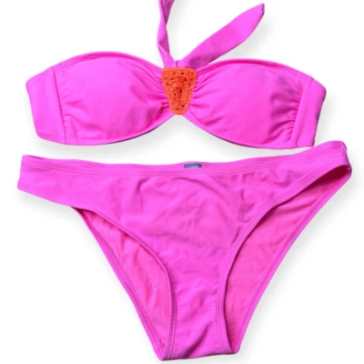 AERIE Women’s Hot Pink Orange Crochet Knit Bikini Top Size Small and Bikini Bott - Image 1 of 4