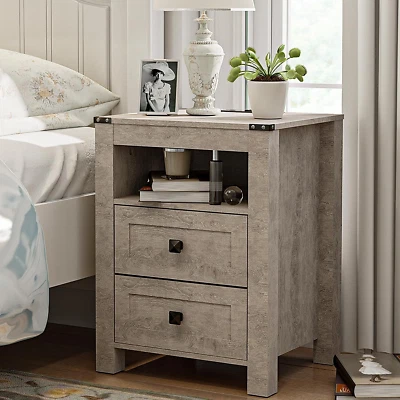 EasyCom Nightstand with Charging Station, Bedside Table, End Table Grey  - Image 1 of 4