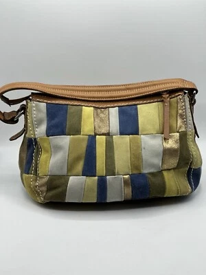 Bolso de Hombro Fossil Patchwork Cuero a Cuadros Gamuza Retro Años 70 Verde Azul Foto 1 de 4