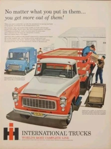 Anuncios impresos de camioneta pickup International 1960 roja, camión volquete amarillo. - Imagen 1 de 1