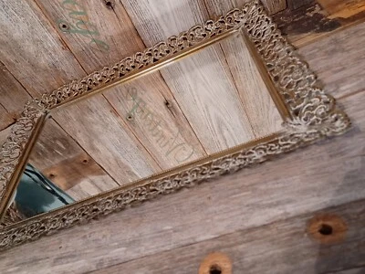 Vintage Mirror Dresser Vanity Bathroom Gold White Wash Tone Filigree Perfume  - Image 1 of 4