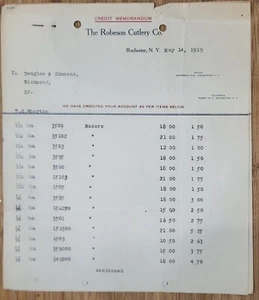 1919 Billhead Richmond Kentucky New York Rochester Robeson Cutlery Co Razors - Picture 1 of 2