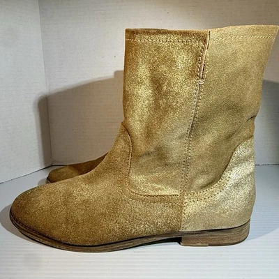 Aldo Boots Women's 9 Gold Tan Suede Leather Distressed Western Pull On Booties - Image 1 of 4