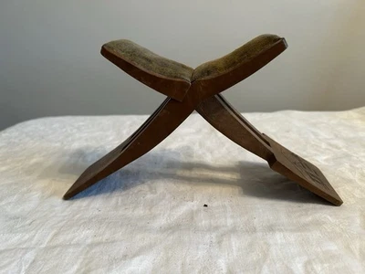 Antique Wooden Japanese Padded Book Rest With Hand Carved Mountain Scene - Image 1 of 4